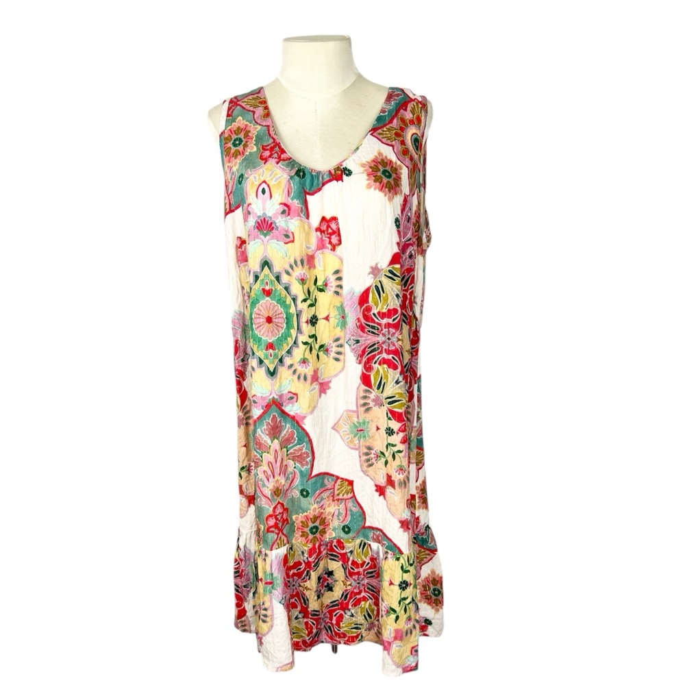 Vamp brand colorful‎ dress size XL metallic threads sleeveless flounce hem